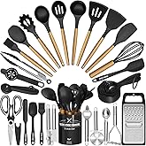 Kitchen Utensils Set- 34PCS Silicone Cooking Utensil with Holder, Umite Chef Heat Resistant Kitchen Spatula Set for Nonstick Cookware, Black Wooden Handles Kitchen Gadgets Tools Set