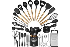 Kitchen Utensils Set- 34PCS Silicone Cooking Utensils with Holder, Umite Chef Heat Resistant Kitchen Utensil Spatula Set for Nonstick Cookware, Black Wooden Handles Kitchen Gadgets Tools Set