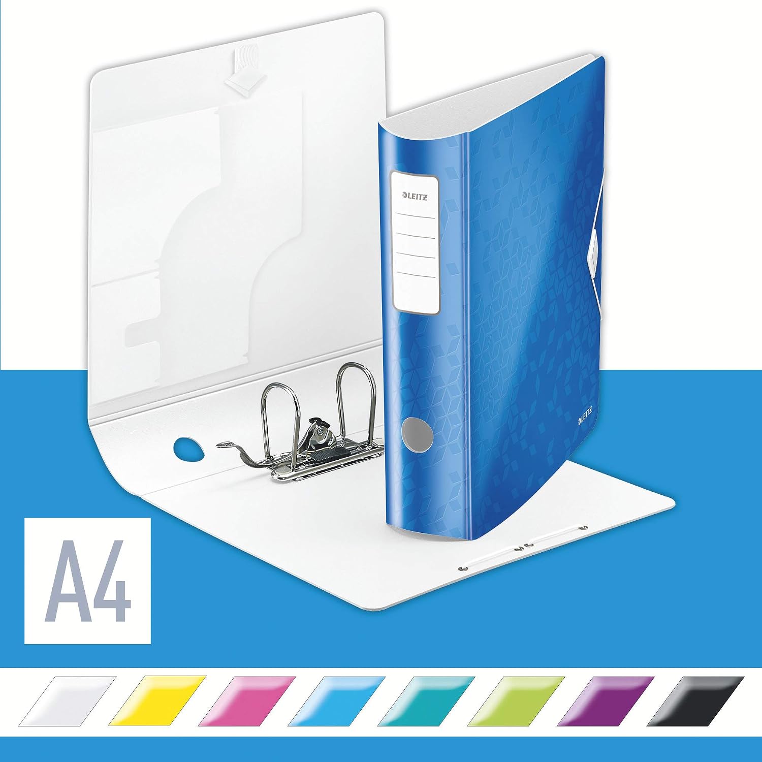 Leitz Lever Arch File, Metallic blue, A4, Curved spine 75mm width, Elastic fastening, Light polyfoam, WOW Range, 11060036