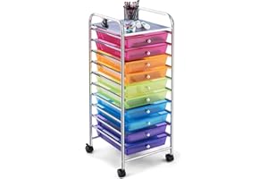 COSTWAY 10-Drawer Rolling Storage Cart, Utility Mobile Trolley with Removable Drawers & Universal Casters & 2 Brakes, Versatile Flexible Drawer Organizer Cart for Home, Office (Rainbow)