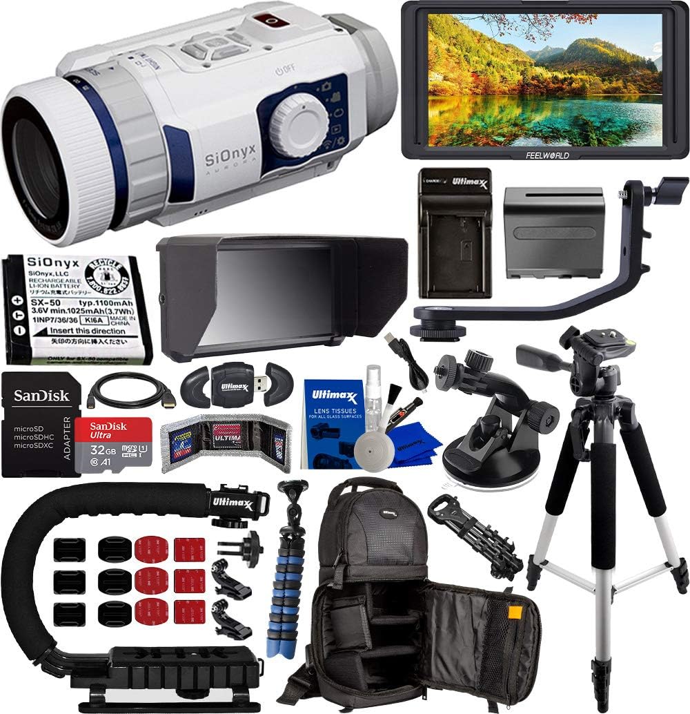 SiOnyx Aurora Sport Water-Resistant IR Night Vision Camera with Video Bundle: Includes - 5" HD with 4K Support Monitor, Sandisk Ultra 32GB MircoSDXC, Action Grip, Tripod with Dolly, Much More