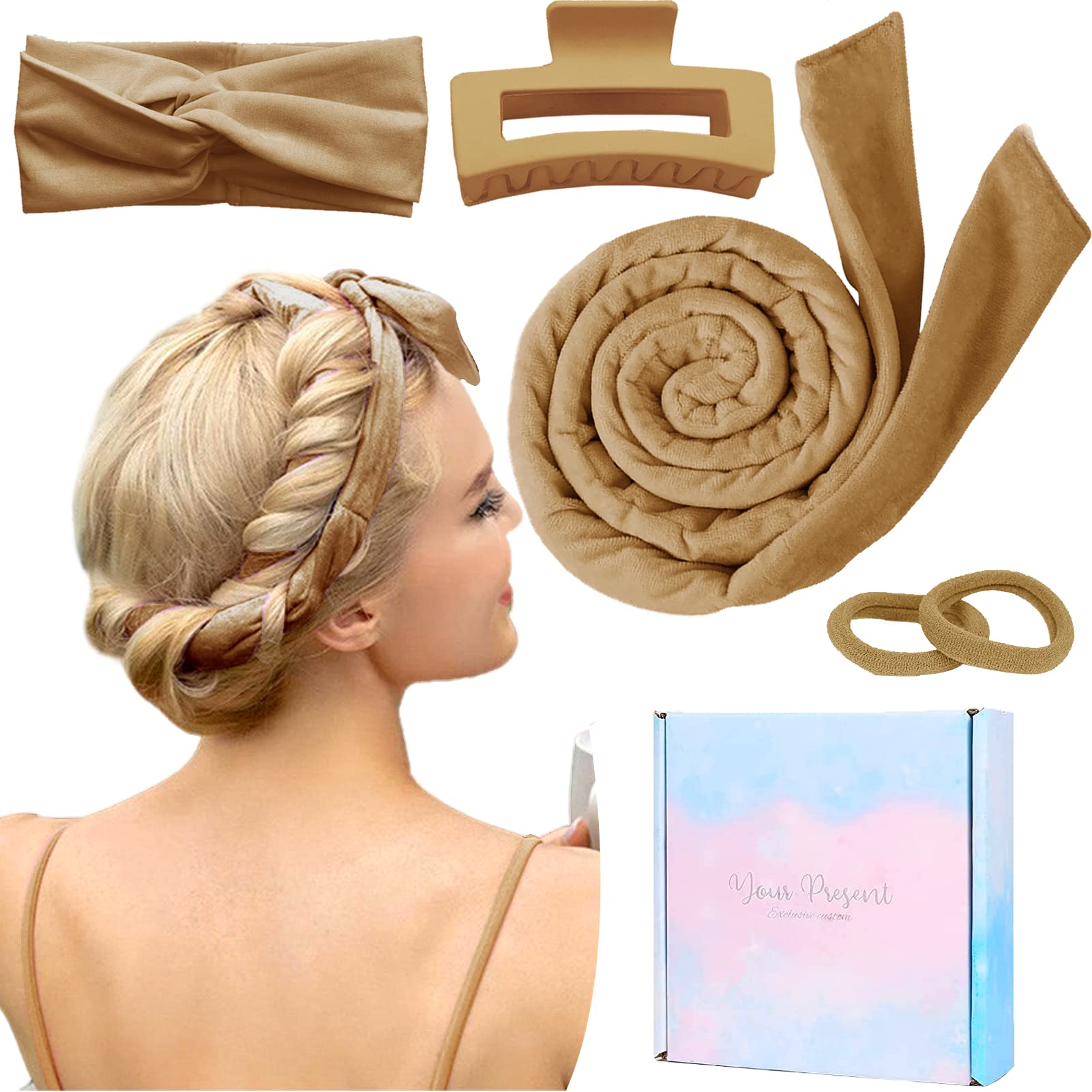 TOBATOBA Heatless Curlers Headband,Heatless Curls For Sleeping Overnight Heatless Hair Curling Set Soft Heatless Curling Rod Headband Wave Hair Curlers With Hair Clip Styling Tools, gold, Pack Of 1