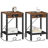 HOOBRO Side Table with Charging Station, Set of 2 End Table with USB Ports and Outlet, Nightstand with 2-Tier Storage Shelf, Faux Rattan Decoration, for Small Space, Rustic Brown and Black BF91UBZP201