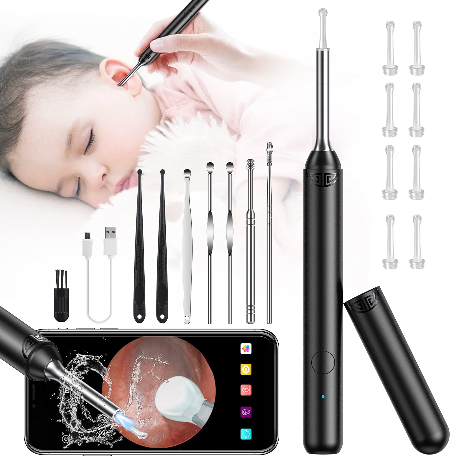 Ear Camera, DCAEMAK Ear Wax Camera, Ear Wax Remover Camera, WiFi Otoscope Ear Wax Removal Kit, Waterproof Ear Camera with 3.9MM 1080P HD Visual Lens 6 LED Lights, Wireless Ear Scope Ear Cleaner