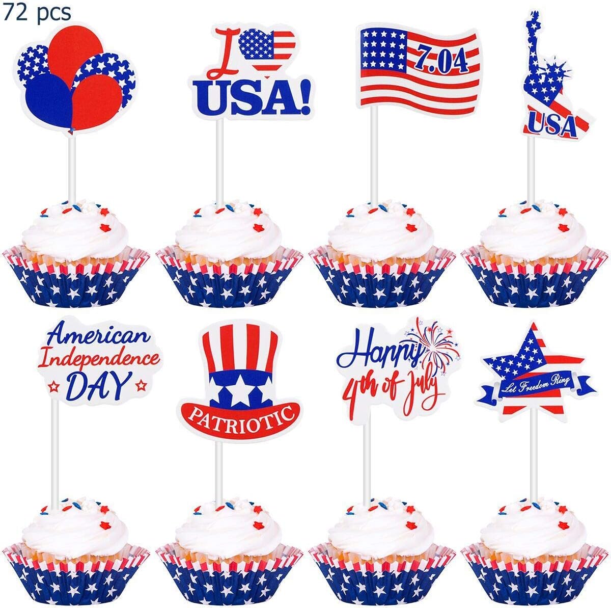 Amosfun Independence Day Cupcake Toppers 72 Pieces 4th of