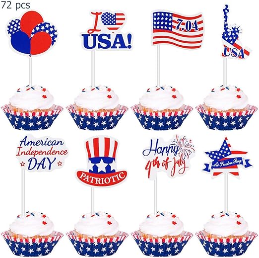 Amazon Com Amosfun Independence Day Cupcake Toppers 72 Pieces 4th