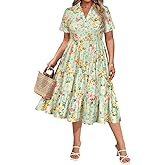 CARCOS Plus Size Dresses for Curvy Women Collared Vneck Short Sleeve Dresses Midi Summer Ruffle Dress with Pocket XL-5XL