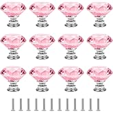 ARKLOID 12 Pack 30mm Pink Crystal Drawer Knobs, Diamond Cabinet Knobs | 1-3/16in Glass Dresser Pull Handles with Screws for Drawers, Cabinets, Wardrobes, Nightstands, Vanities
