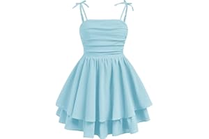 SHENHE Girl's Smocked Ruched A Line Swing Dress Layered Tie Shoulder Flowy Cami Short Dress