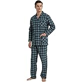 GLOBAL Men's 100% Cotton Flannel Pajamas Set Soft Warm 2pc Pjs For Men Button Fly&Elastic High Waist Loungewear Sleepwear