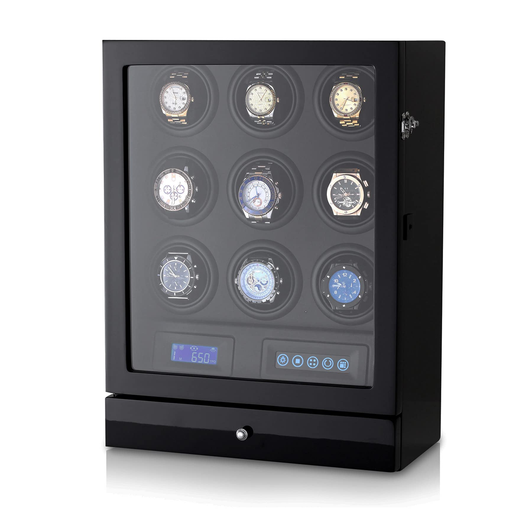 9 Watch Winder with LED Backlight, Remote Control, LCD Display and 2 Watches Storage Compartment