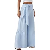 HOULENGS Women's Casual High Waisted Tie Back Striped Pants Lightweight Wide Leg Palazzo Lounge Flowy Long Pants