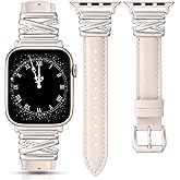 Minyee Leather Band Compatible with Apple Watch 42/41/40/38/44/45/46/49mm Women,Dressy Slim Premium Leather Strap with Designer X-Shape Metal Buckle for iWatch Series 11 10 9 8 7 6 5 4 SE/Ultra 3 2 1