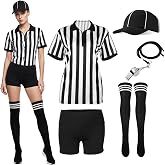 SATINIOR 5 Pcs Women Referee Costume White Black Stripe Shorts | Jersey Shirt and Pant, Hat, Knee Socks, Whistle with Lanyard, Halloween Parties, Sports Themes, Referee Role Play Costumes