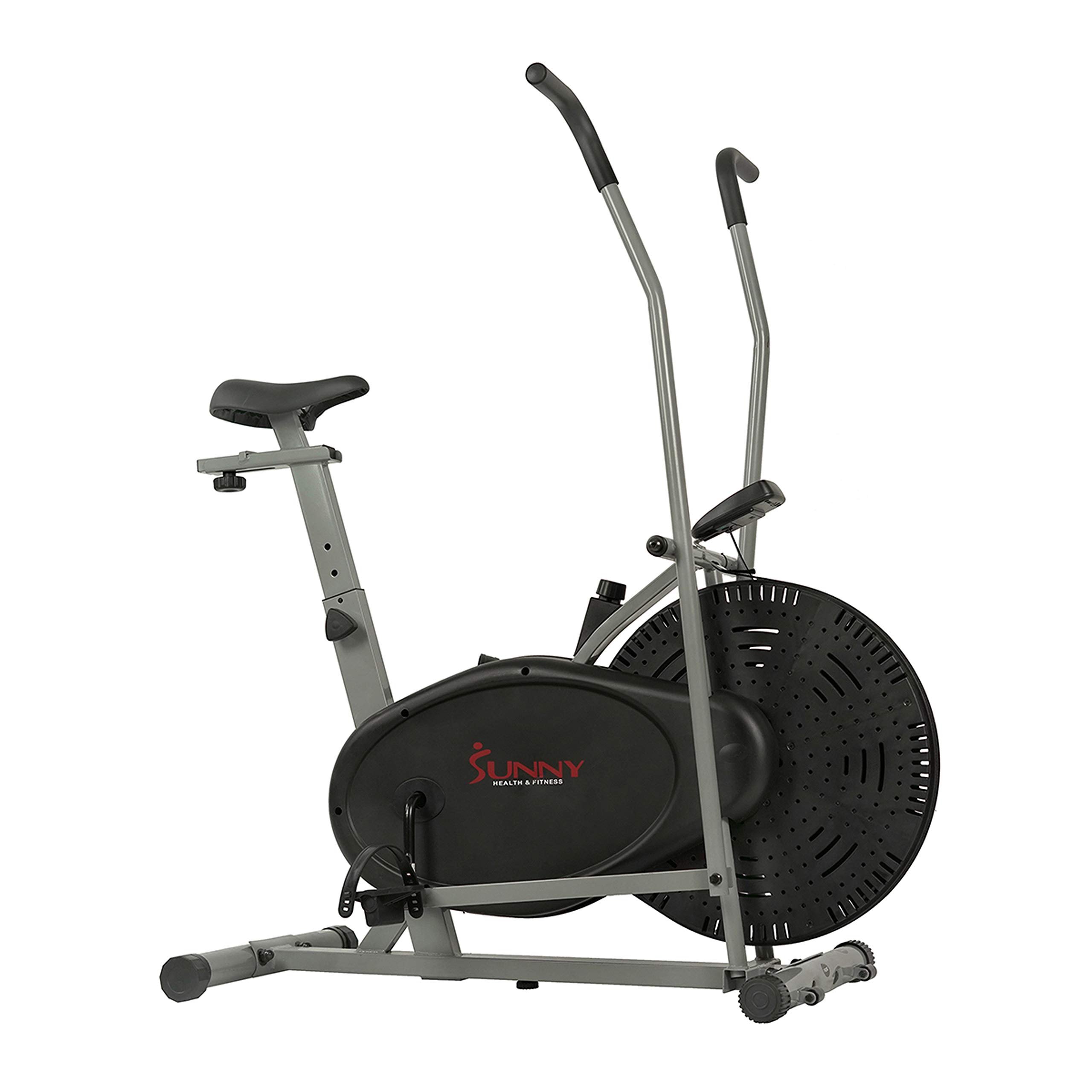 Sunny Health & Fitness Air Bike Fan Exercise Bike with Digital Monitor, Full Motion Arm Exercisers, and Adjustable Seat