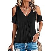 LEIYEE Womens Summer Cold Shoulder Tops Sexy Casual Short Sleeve V Neck Cute Front Knot Ruched Shirred T Shirt Blouse