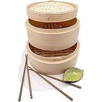 Premium 8 Inch Handmade Bamboo Steamer - Two Tier Baskets - Dim Sum Dumpling & Bao Bun Chinese Food Steamers - Steam…