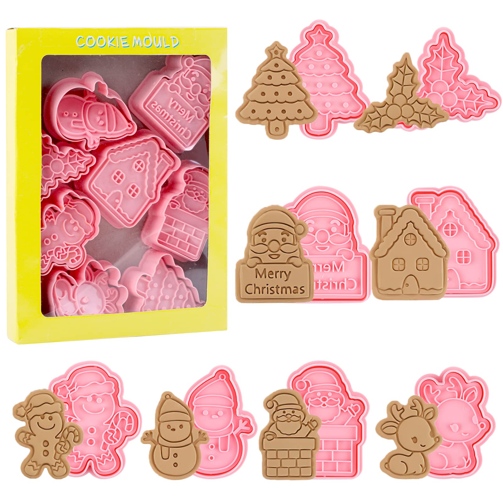 Svalor Christmas Cookie Cutter Set, 8pcs Plastic Christmas Biscuit Cutters, Lovely Christmas Tree/Santa/Reindeer/Gingerbread Man Shape Christmas Cookie Stamp for Cookie Baking Christmas Decorations