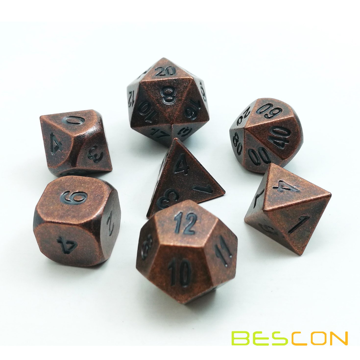 Bescon Antique Copper Solid Metal Polyhedral D&D Dice Set of 7 Old Copper Metal RPG Role Playing Game Dice 7pcs Set