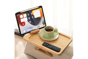 GEHE Bamboo Couch Arm Table with 360° Rotating Phone Holder, Foldable Sofa Arm Tray Clip Table for Wide Couches Arm, Portable Couch Arm Tray/Armrest Tray for Eating,Drink,Snack,Phone,Remote