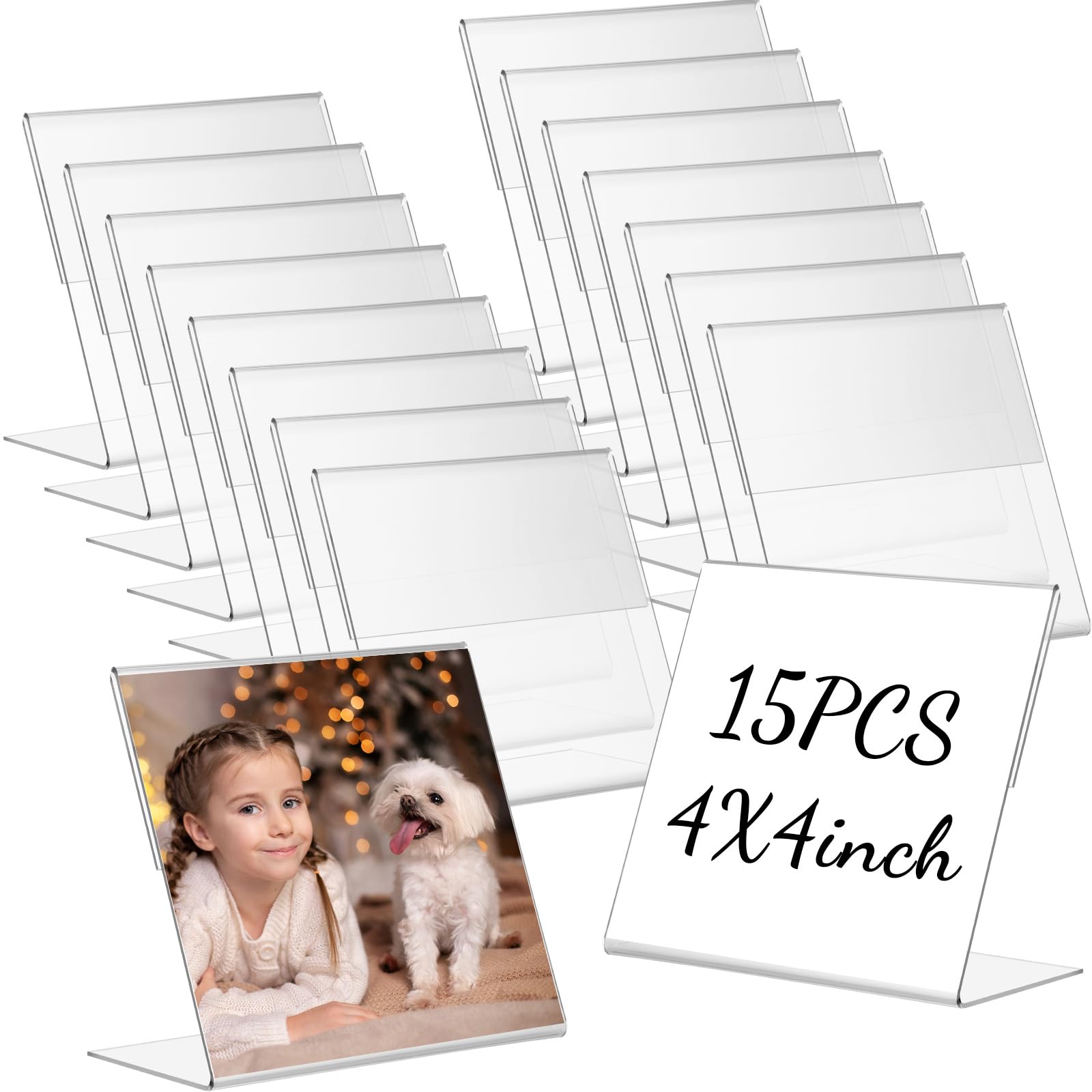 Photo 1 of Soaoo 15 Pcs Acrylic Photo Frames 4 x 4 Inch Clear Picture Frames Slant Back Plastic Booth L Shaped Photo Stand Horizontal Small Sign Holder Name Display Stand with Insert for Home Office