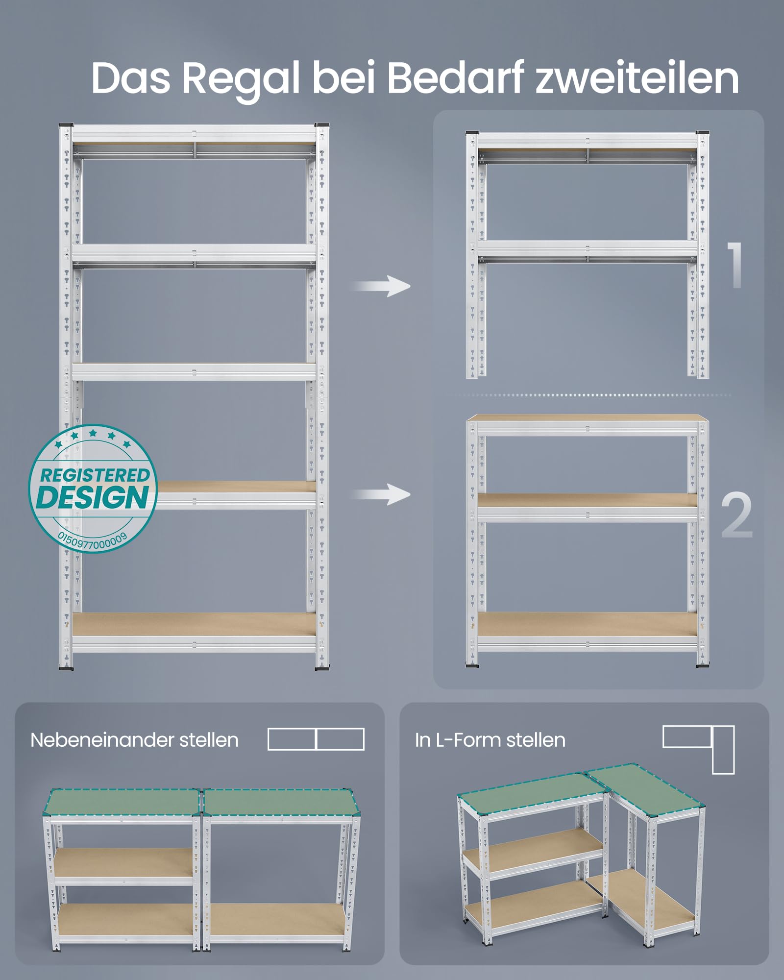SONGMICS Schwerlastregal, 2er Set, Kellerregal, 40 x 90 x 180 cm, bis 875 kg belastbar, einfache Montage, Lagerregal, verstellbare Ablagen, Lagerregal, silbern GLR455E01 6