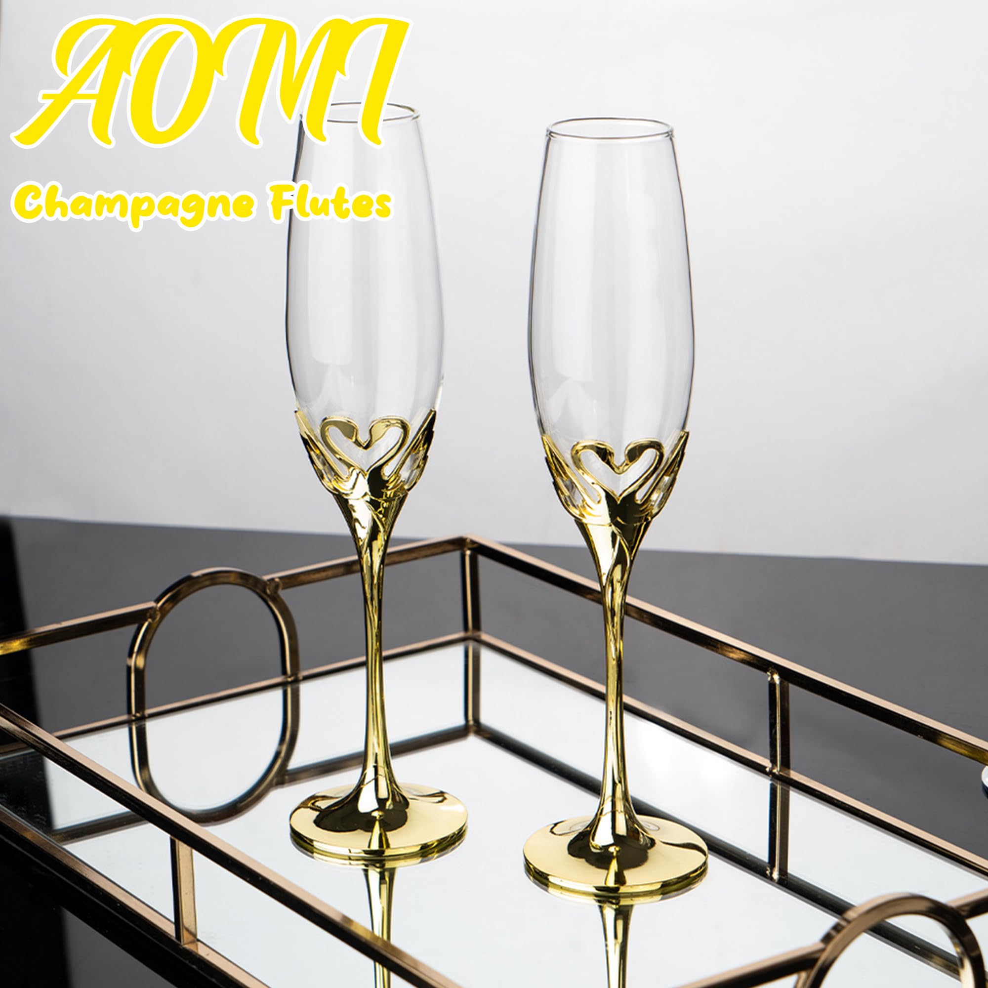 Luxury Champagne Glasses Flutes Set of 2 - Elegant Crystal Gold Lead-Free 8oz Glass Swan-Design Diamond-Accented Heart-shaped Zinc Alloy Base, for Weddings Party Birthday Anniversary Romantic Gifts