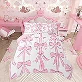 Feelyou Kids Girls Pink Bow Comforter Set,Dreamy Princess Bow Bedding Set Full Size,Kawaii Cute Bowknot Comforter,Fashion Bow Bed Set for Boys Girls Bedroom Room Decor