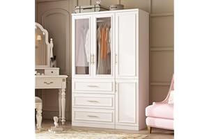 Hitow Wardrobe Armoire Closet with Glass Doors, 47.4" W Wardrobe Storage Cabinet with 3 Drawers & Hanging Rod, Wardrobe Armoire Dresser for Bedroom Clothing Organizer, White