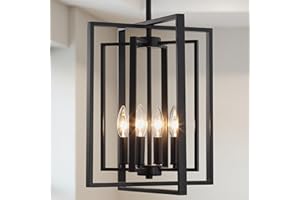 Modern Black Chandelier for Entryway, 4-Light Geometric Cage Pendant Hanging Light Fixture with Adjustable Height, Industrial