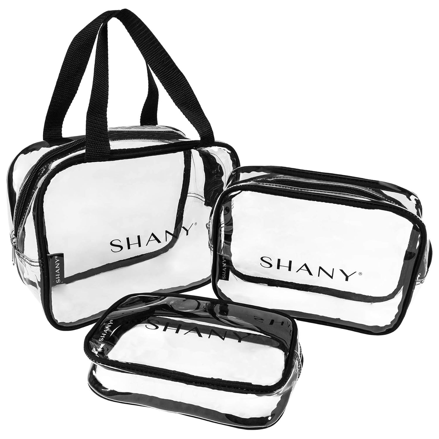 SHANY Clear PVC Toiletry and Makeup Carry-On Bag Set - Assorted Sizes Travel Cosmetic Organizers with Black Trim - 3PC Set