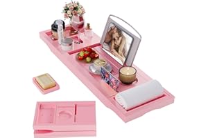 BESHOF Foldable Bathtub Caddy Tray, Bamboo Bath Tub Tray Table for Tub with Wine Glass Holder Book Phone Tablet Holder with Extending Sides, Adjustable Bathroom Bathtub Free Soap Holder Gift Idea (Pink)