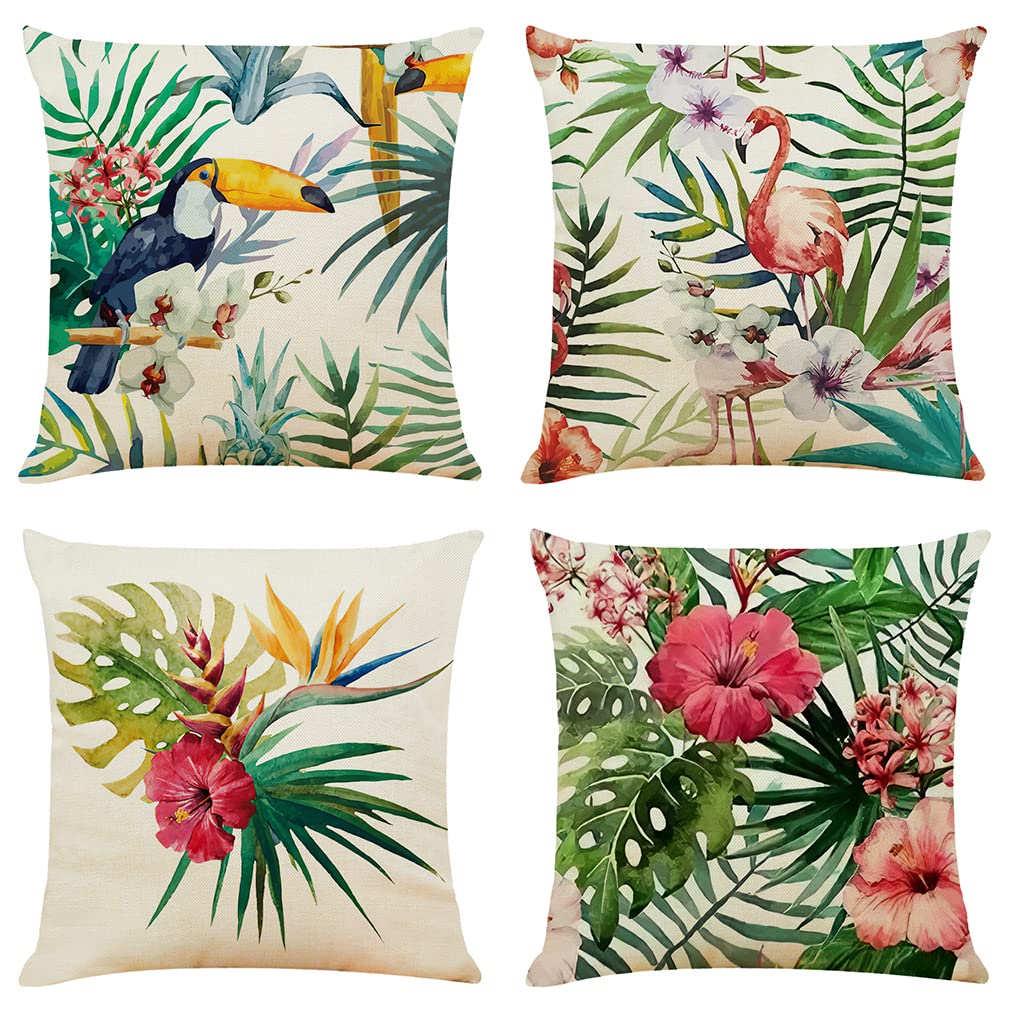 NIULAA Tropical Flowers Plants Cushion Covers Sets of 4 Decorative Linen Throw Pillow Cases 50cm x 50cm Flamingo Pillowcase 20x20 for Sofa Outdoor Garden Farmhouse