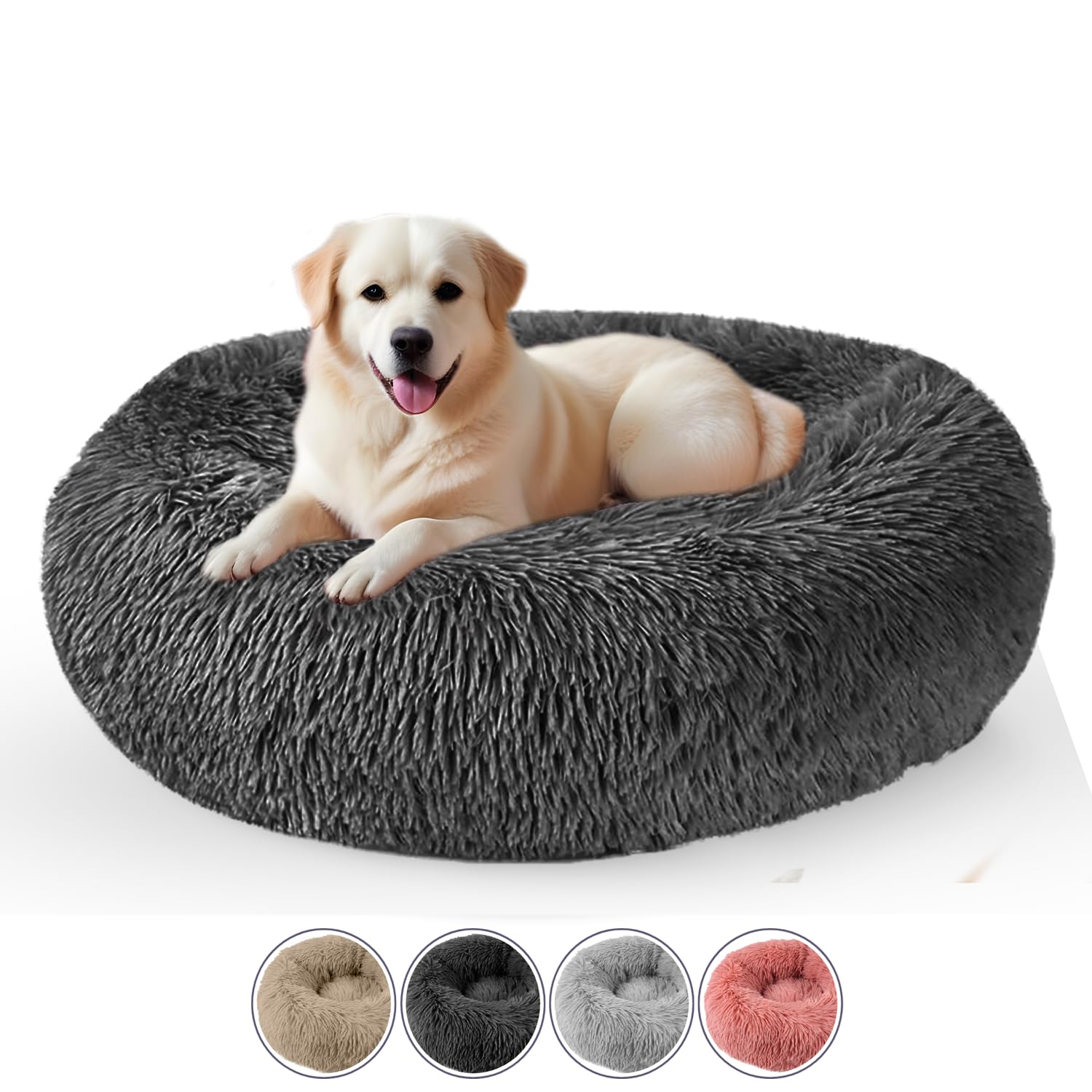 ELYF Large Donut Dog Beds, Kitten and Puppy Bed with Anti-Slip Waterproof Bottom, Fluffy Cosy Pet Bedding & Furniture for Dog Bed Clearance - Dark Grey - 80cm