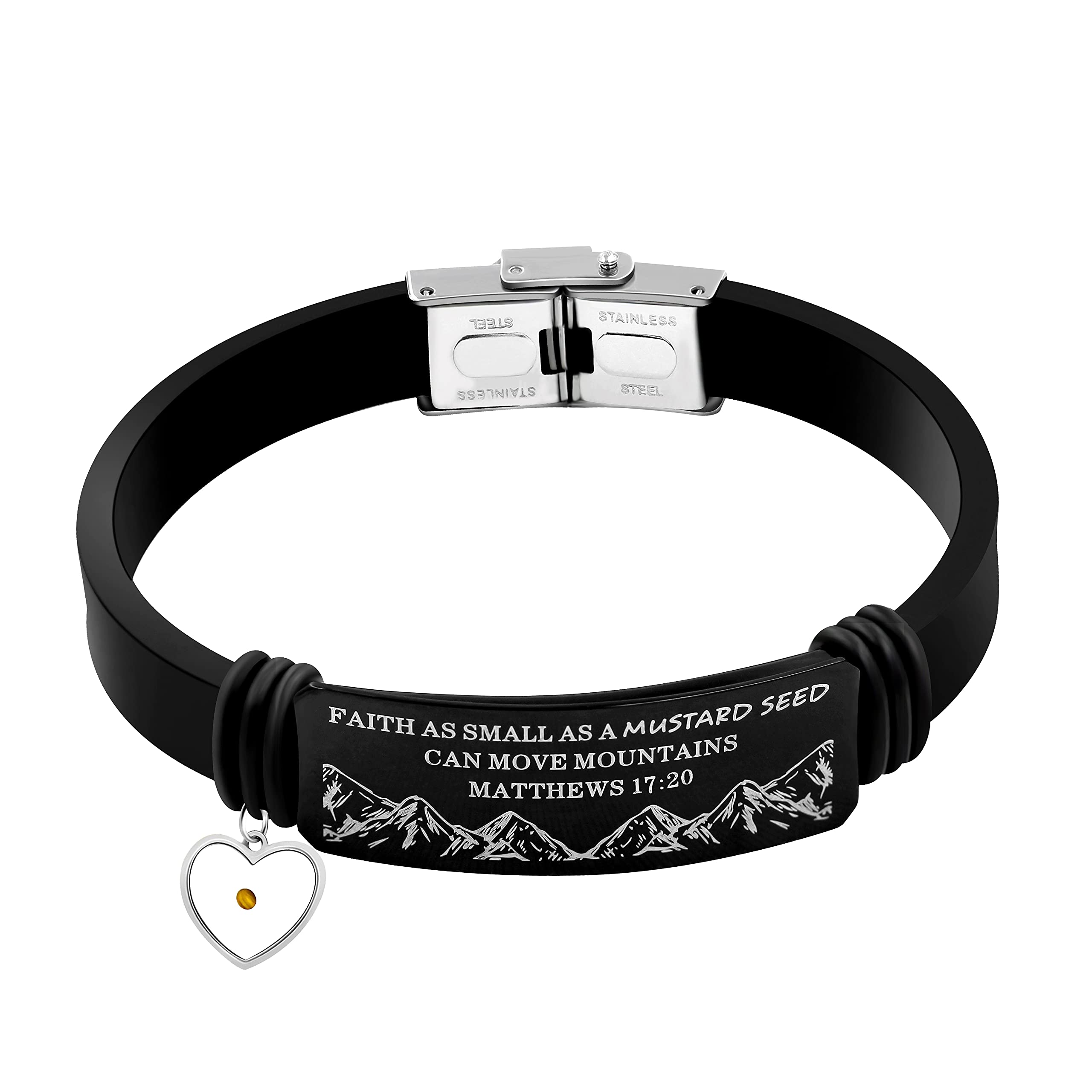 Uloveido Silica Gel Faith Wristbands Black Stainless Steel Cuff Bangle Engraved Faith Small AS A Mustard Seed Can Move Mountains Matthews 19:20 (Black)