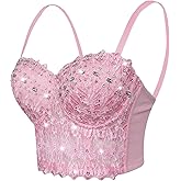 atokiss Women's Lace Rhinestone Bustier Crop Top Sexy Mesh Party Corset Top Bra