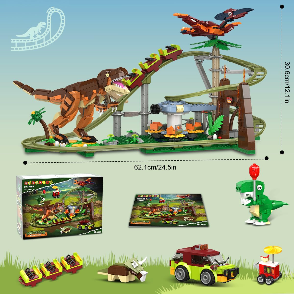 HOGOKIDS Dinosaurier Achterbahn Bausteine Spielzeug – 1222pcs Achterbahn Bauspielzeug mit 4 Dinosauriern, Geländewagen, Dinosauriermodellen, Geschenk für Erwachsene, Mädchen Jungen ab 8 Jahren 9