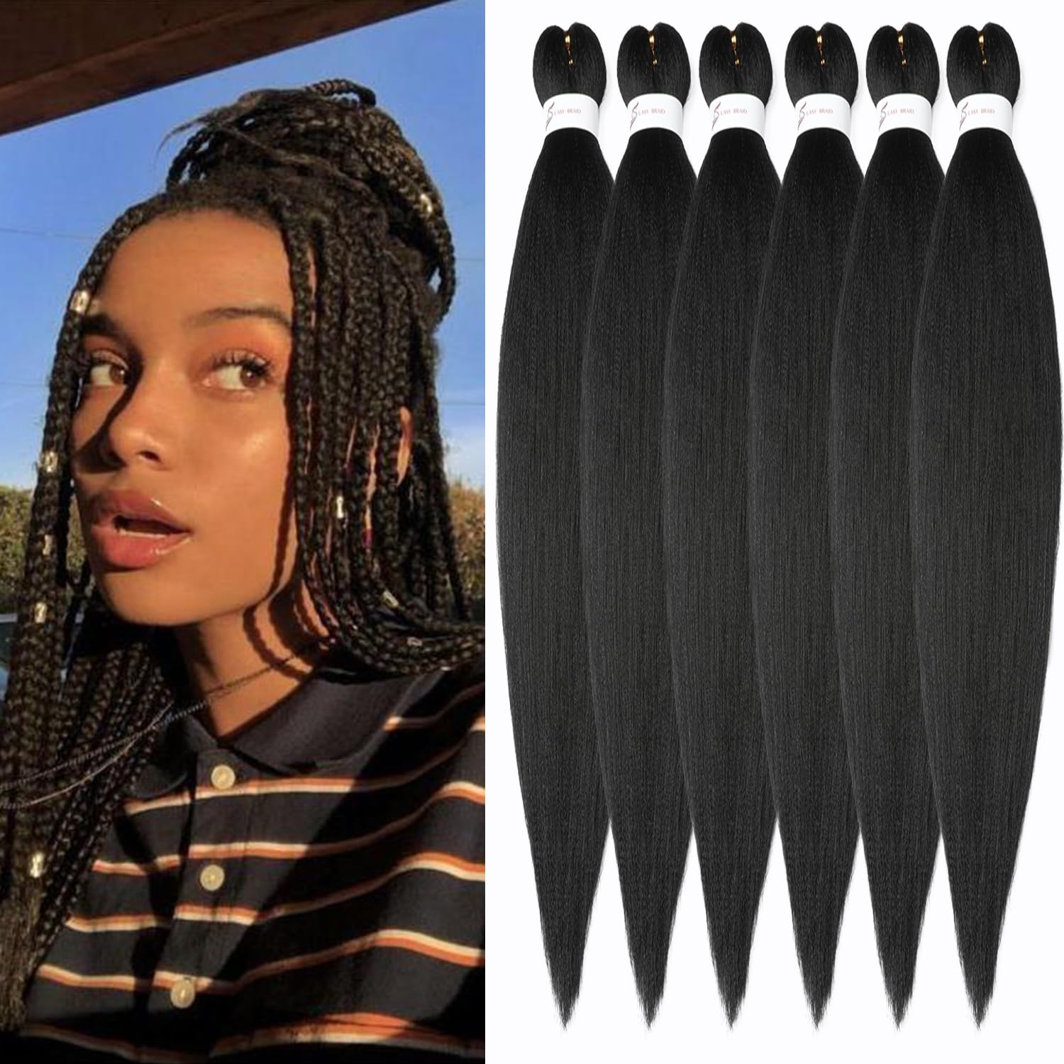 ShowJarlly Pre-Stretched Braiding Hair 6Packs/Lot Natural Black Yaki Texture Hair Extensions Professional Soft Hair Extensions For Braiding Hot Water Setting Crochet Hair Braiding(30inch,1B#) — image 1