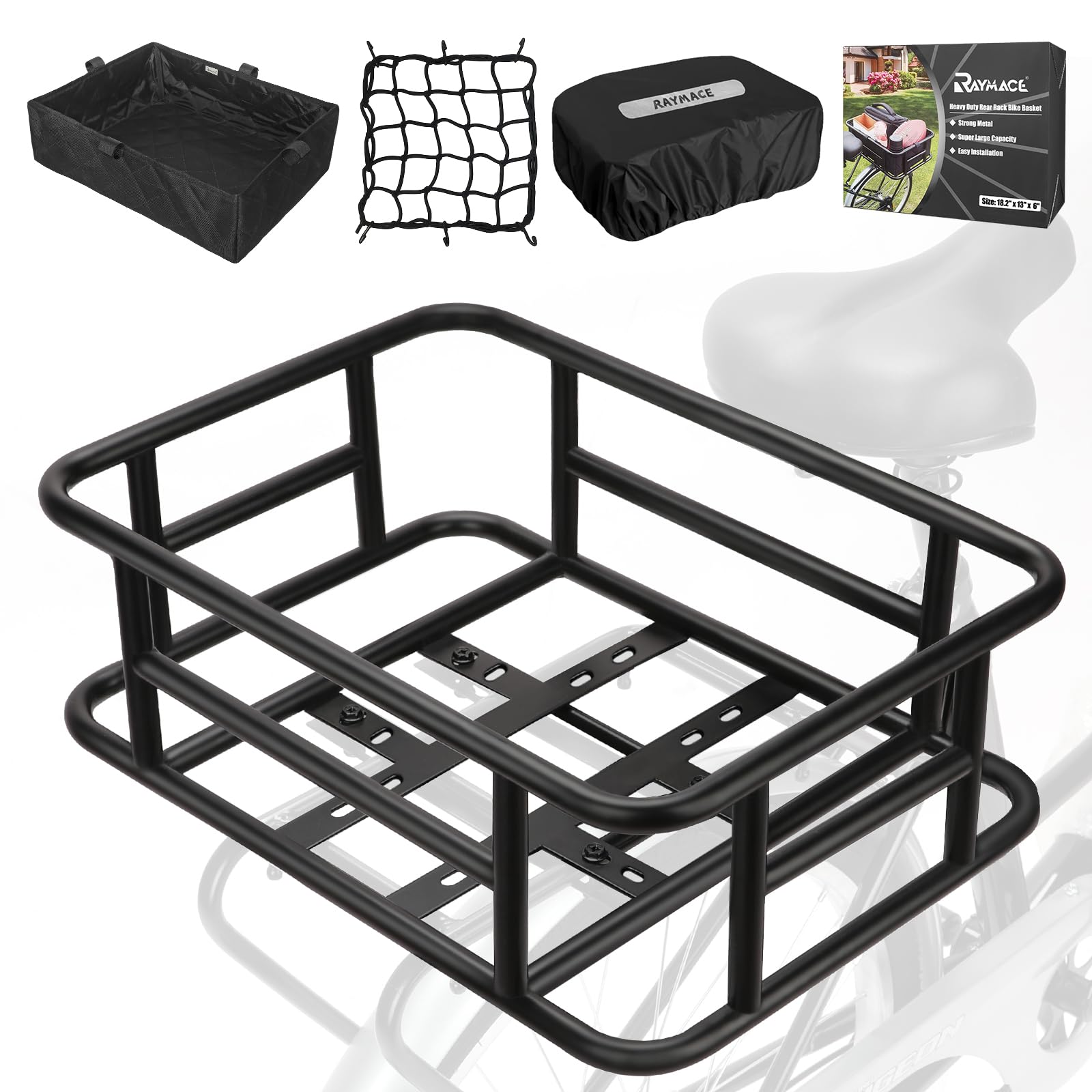 Photo 1 of RAYMACE Rear Rack Bike Basket with Cargo Net and Liner Large Bicycle Basket Perfect Mount for Electric Bike