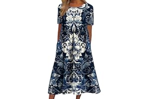 Women's Summer Casual Short Sleeve Crew Neck Midi Dresses Spring Flowy A-line Pleated T Shirts Boho Beach Dress