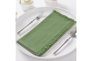 DeZerlor 6 Pack Sage Green Cotton Linen Napkins with Fringe Soft Boho Cloth Napkins Set of 6 Handmade Dinner Napkins Bulk for Wedding Bridal Baby Shower Daily Use, 17 x 17 Inches
