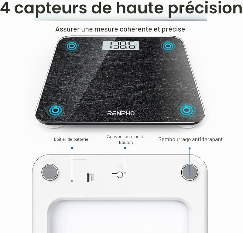Pèse-personne Numérique RENPHO, Pèse-personne de Haute Précision avec Affichage Lumineux, Technologie Step-On, 400 lb, Marbre, Core 1S