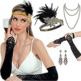 GurZinn 1920s Flapper Gatsby Costume Accessories Set 20s Flapper Headband Vintage Pearl Necklace Gloves