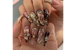 SEENEEY Long Press on Nails Almond Fake Nails Brown False Nails Flowers Artificial Nails with Gold Charm Designs Summer Handmade Nails 3D Floral Stick on Nails for Women 24pcs