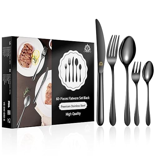 vancasso Cutlery Set for 12 People, Mirroir Polished 60 Piece Black Flatware Set,18/10 Glossy Silverware Flatware Set with 12*(Forks/Spoons/Knives/Dessert Fork & Spoon), for Daily Use/Christmas