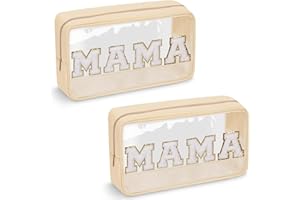 IZUZTA 2 Pcs Chenille Letter Clear Makeup Bag Mama Pouch, Travel Waterproof Nylon Cosmetic Toiletry Storage for Women,Mama Baby Hospital Duffle Bag Clear Diaper Bag Organizing Pouches with Zipper(MAMA-Beige)