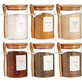 HHMJSM 6 Pcs Glass Jar with Bamboo Lid and Spoon - 17 oz Large Sugar Container with 148 Kitchen Pantry Spice Jar Labels Preprinted - Glass Containers with Wooden Lids Hold Coffee, Tea, Candy