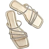 GORGLITTER Women's Rhinestone Flat Sandals Strappy Slip on Open Toe Slide Sandals