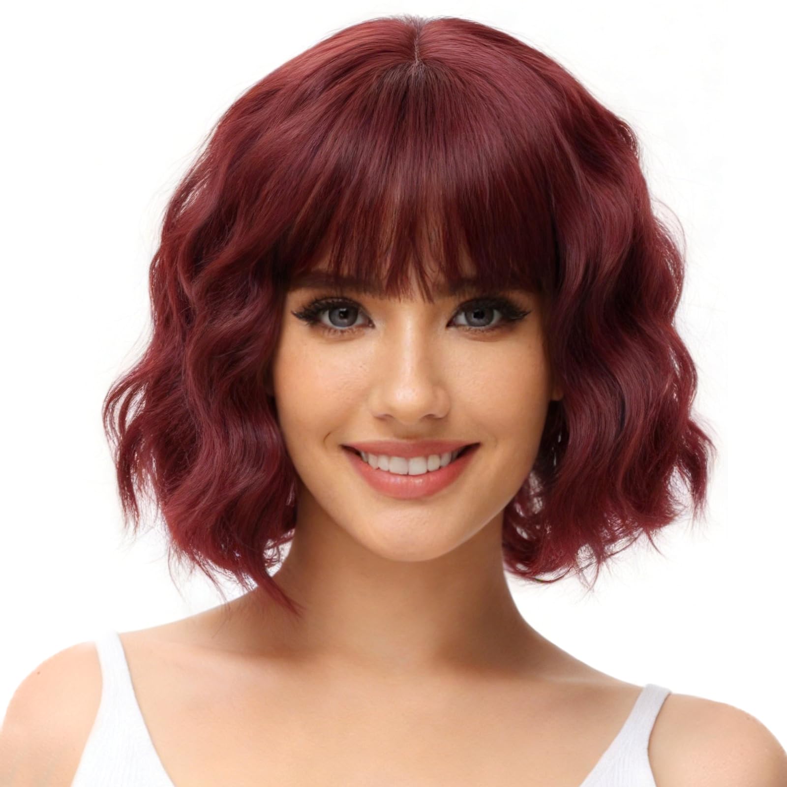 BUYOGET Wavy Bob Wig with Bangs Synthetic Hair Shoulder Length 12 Inch Short Curly Wigs for Women Natural Wine Red โ image 1