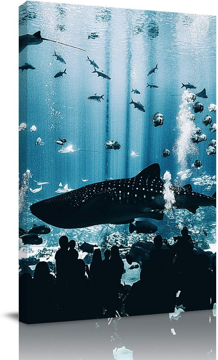 Big buy store Canvas Wall Art Picture Aquarium Shark Silhouette Print On Canvas Giclee Artwork Blue Black Home Office Decorations Wall Decor Ready to Hang - 24x16 inches